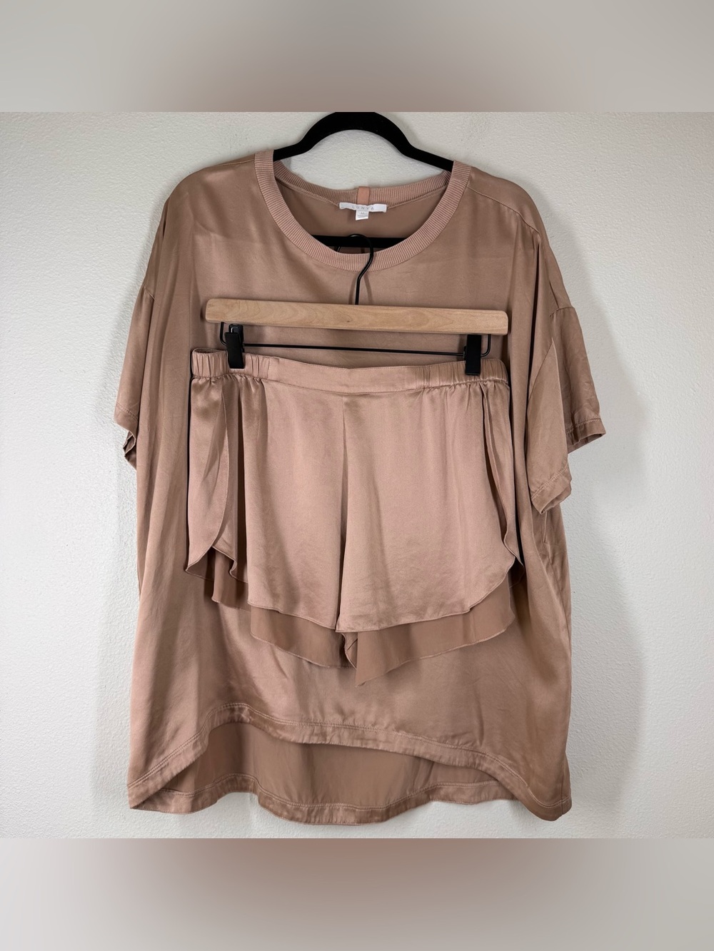 Lunya Silk Panama Set Short Sleeve Top Medium Tulip Hem Shorts Large Blush Pink